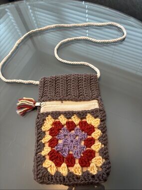 Handmade Brown Crochet Crossbody Bag with Multicolor Granny Square